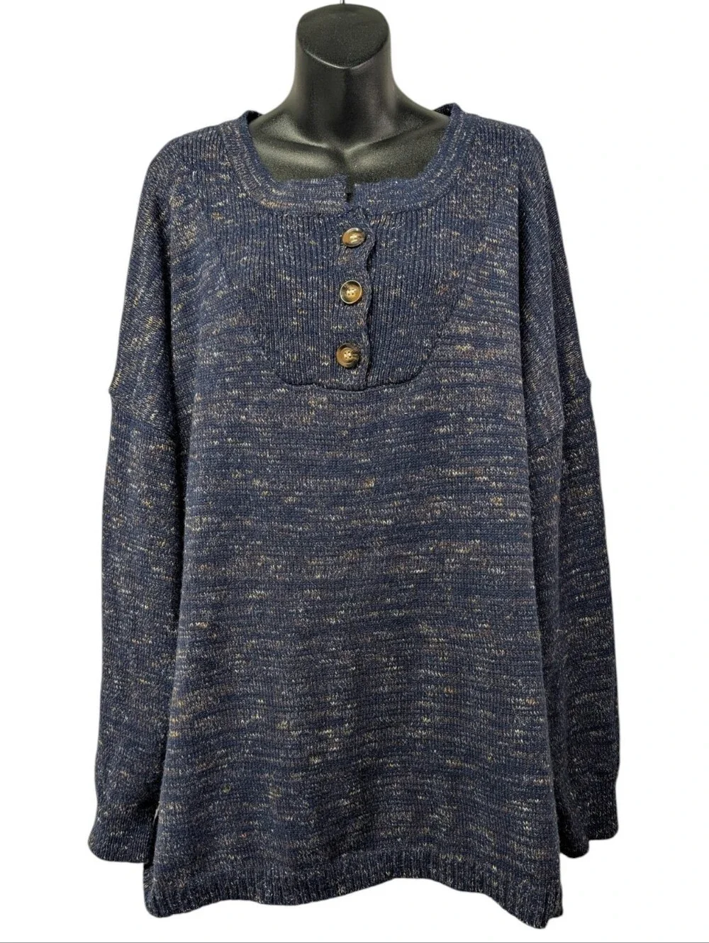 BLOOMCHIC Blue Heathered Knit Henley Button Pullover Sweater Womens Plus 26 NWOT